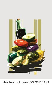 Brushing olive oil or balsamic sauce on grilled summer barbecue vegetables. Vegetarian American BBQ. Flat colorful vector illustration