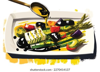 Brushing olive oil or balsamic sauce on grilled summer barbecue vegetables. Vegetarian American BBQ. Flat colorful vector illustration