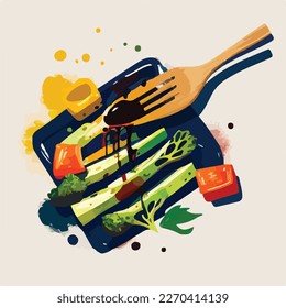 Brushing olive oil or balsamic sauce on grilled summer barbecue vegetables. Vegetarian American BBQ. Flat colorful vector illustration