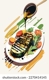 Brushing olive oil or balsamic sauce on grilled summer barbecue vegetables. Vegetarian American BBQ. Flat colorful vector illustration