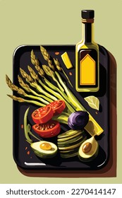 Brushing olive oil or balsamic sauce on grilled summer barbecue vegetables. Vegetarian American BBQ. Flat colorful vector illustration