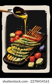 Brushing olive oil or balsamic sauce on grilled summer barbecue vegetables. Vegetarian American BBQ. Flat colorful vector illustration