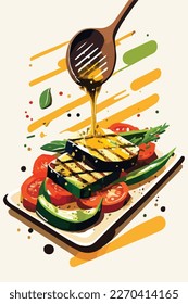 Brushing olive oil or balsamic sauce on grilled summer barbecue vegetables. Vegetarian American BBQ. Flat colorful vector illustration