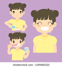 Brushing teeth activities cartoon vector collection. a girl putting toothpaste on a toothbrush, a girl brushing his teeth and a girl smiling happily showing his clean teeth. 