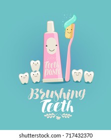 Brushing teeth, banner. Tooth, toothpaste, toothbrush, dentistry, dental clinic concept. Cartoon vector illustration