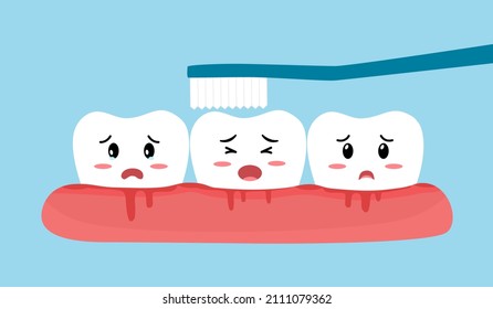 Brushing teeth with bleeding on gum cartoon vector illustration. Gingivitis. Periodontitis or gum disease concept.