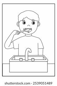 brushing teeth coloring page, kids daily routine coloring activity, brushing teeth worksheet for kids, hygiene education for children 