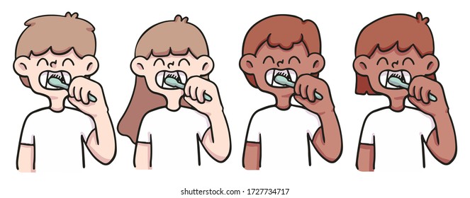 brushing teeth cute people illustration