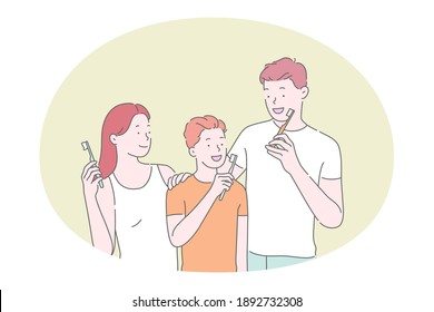 Brushing Teeth And Dental Hygiene Concept. Happy Family With Son Cleaning Teeth With Toothpaste And Toothbrush All Together In Bathroom. Morning Routine For All Family Members 