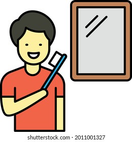 Zahnputzzähne früh morgens Konzept, Person, die einen Push mit Blick Mirror-Vektorfarben-Design, Symbol des Alltagslebens, tägliches Routine-Lebenszeichen, Aktivitäten tägliche lebendige Stockillustration