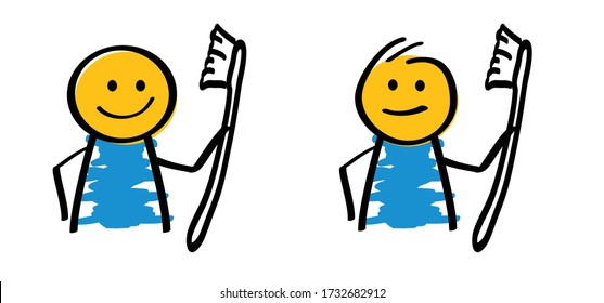 Brushing teeth. Happy kids smile and toothbrush for hygienic. Tooth stick figures man. oral Bath groovy stickman. Comics types, cartoon mascot boot, shoe, foot and arm positions. Clipart expressions. 