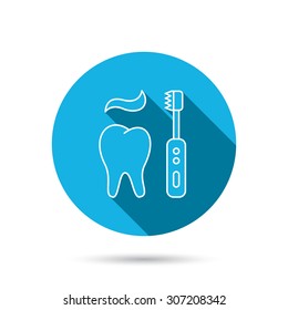 Brushing teeth icon. Electric toothbrush sign. Toothpaste and tooth symbol. Blue flat circle button with shadow. Vector