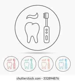 Brushing teeth icon. Electric toothbrush sign. Toothpaste and tooth symbol. Linear circle icons.