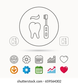 Brushing teeth icon. Electric toothbrush sign. Toothpaste and tooth symbol. Calendar, Graph chart and Cogwheel signs. Download and Heart love linear web icons. Vector
