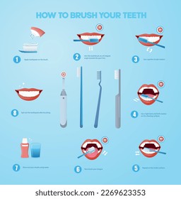 Brushing teeth infographic. Collection of graphic elements for website. Toothbrush and paste. Cleanliness and hygiene, oral care. Cartoon flat vector illustrations isolated on blue background