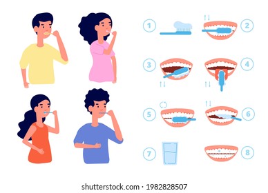 Brushing teeth instruction. Toothbrush, baby clean tooth. Dental care technique, stomatology health. People hygiene for white smile utter vector poster