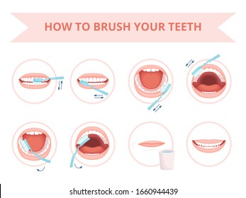 Brushing teeth. Kids hygiene tooth brushing healthcare daily routine wash dental protection vector cartoon set