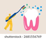 Brushing Teeth. Man holding a big toothbrush. Dental care concept. Colorful vector illustration



