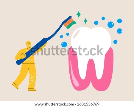 Brushing Teeth. Man holding a big toothbrush. Dental care concept. Colorful vector illustration


