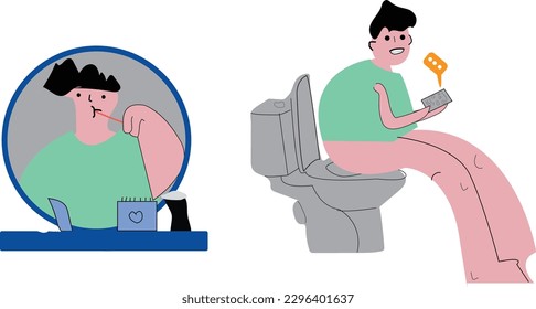 Brushing teeth, pooping, sitting on a toilet bowl,Daily hygiene routine. Hand drawn Vector illustrations. Cartoon style. Cute funny characters. Logo, icon, poster, card templates.