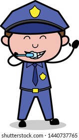 Brushing Teeth - Retro Cop Policeman Vector Illustration