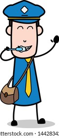 Brushing Teeth - Retro Postman Cartoon Courier Guy Vector Illustration