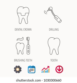 Brushing teeth, tooth and dental crown icons. Drilling tool linear sign. Calendar, Graph chart and Cogwheel signs. Download colored web icon. Vector