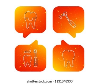 Brushing teeth, tooth and dental crown icons. Drilling tool linear sign. Orange Speech bubbles with icons set. Soft color gradient chat symbols. Vector