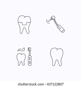 Brushing teeth, tooth and dental crown icons. Drilling tool linear sign. Flat linear icons on white background. Vector