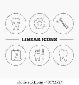 Brushing teeth, tooth and dental crown icons. Drilling tool linear sign. Flat cogwheel and calendar symbols. Linear icons in circle buttons. Vector