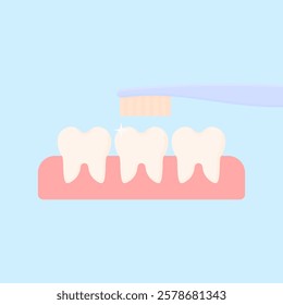 Brushing teeth with a toothbrush in cartoon style on a blue background isolated. Simple vector illustration of brushed healthy teeth.