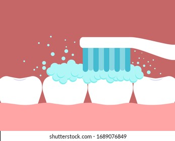 Brushing teeth with a toothbrush. Cute teeth in cartoon style. Vector illustration