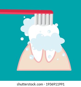 Brushing Teeth. Toothbrush hold in hand man. Dental care concept. Toothpaste bubbles foam. Oral hygiene. Vector illustration.