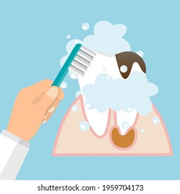 Brushing Teeth. Toothbrush hold in hand man. Dental care concept. Toothpaste bubbles foam. Oral hygiene. Vector illustration.