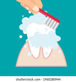 Brushing Teeth. Toothbrush hold in hand man. Dental care concept. Toothpaste bubbles foam. Oral hygiene. Vector illustration.