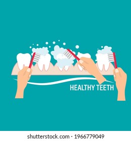 Cepillarse Dientes. Cepillo de dientes sujete al hombre de la mano. Concepto de cuidado dental. Espuma de burbujas de dentífrico. Higiene oral. Ilustración vectorial.
