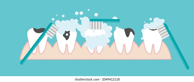 Brushing Teeth. Toothbrush hold in hand man. Dental care concept. Toothpaste bubbles foam. Oral hygiene. Vector illustration