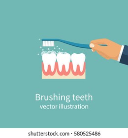 Brushing Teeth. Toothbrush hold in hand man. Dental care concept. Toothpaste bubbles foam. Oral hygiene. Vector illustration flat design. Isolated on background.