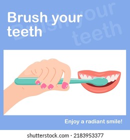 Cepillarse Los Dientes Con El Pincel De Dientes. Cómo cepillar los dientes correctamente. Higiene de la boca. Ilustración vectorial.