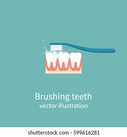 Brushing Teeth. Toothbrush isolated on background. Dental care concept. Toothpaste bubbles foam. Oral hygiene. Vector illustration flat design. 