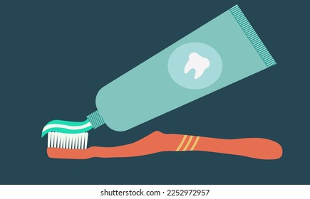 Cepillarse Dientes. Cepillo de dientes y pasta dental sobre fondo azul oscuro. Ilustración vectorial plana