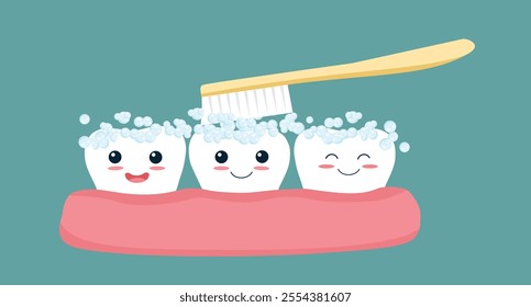 brushing teeth with toothpaste showing cute happy tooth characters smiling