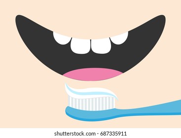 Brushing Teeth Toothrush With Toothpaste Mouth With Tongue And Healthy Tooth. Smiling Face. Body Part. Cute Cartoon Character. Oral Dental Hygiene Brush Paste Icon. Baby Background Flat Design Vector