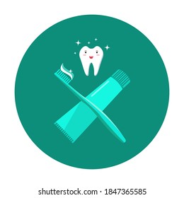 Brushing your teeth icon. Concept of oral hygiene and prevention of dental caries. A healthy tooth, tooth paste and tooth brush. Vector illustration in a flat style, isolated on a green background.