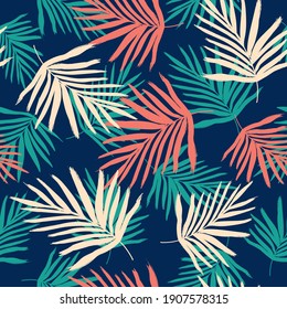 Brush-painted tropical pattern, palm leaves on a dark background. Seamless boho pattern for fabrics design, frapping paper, invitations 