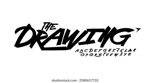 Brushpen drawing font, freestyle dynamic letters, street art alphabet for hip-hop branding, expressive youthful headline. Rebellious typography. Vector typeset.