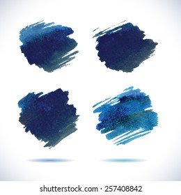 Brushstroke banners.  Ink blue watercolor spot backgrounds.Template with shadow 