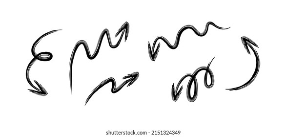 Brushstroke black arrows with swirls and loops. Hand drawn decorative elements. Arrows to create stylish trendy design or decor, direction indication. Vector illuatrations isolated on white background