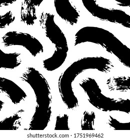 Brushstroke bold. Brush seamless pattern. Abstract grunge swirl background. Freehand scribbles texture. White and black waves tile. Handdrawn paint wave. Rough random lines. Uneven stroke wavy. Vector