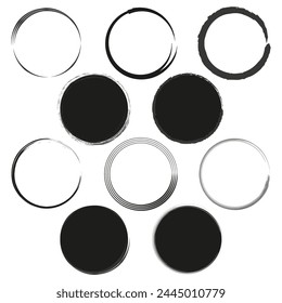 Conjunto de círculos de pincelada. Variadas Formas redondas. Tinta y Elementos de diseño de pintura. Ilustración vectorial. EPS 10.